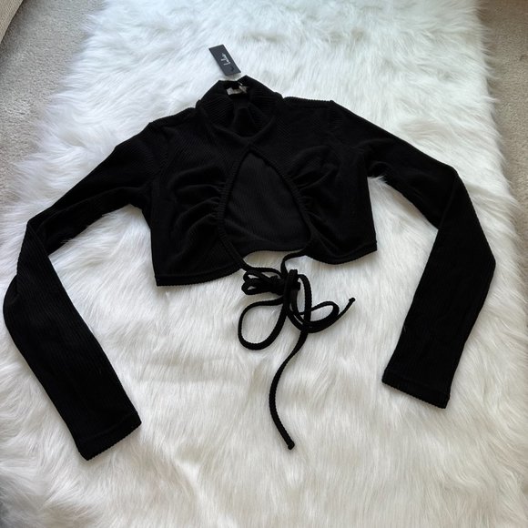 Lulus Shrug Topper Cropped Black Ribbed Turtleneck Open Tie Front SMALL NWT - Picture 3 of 8